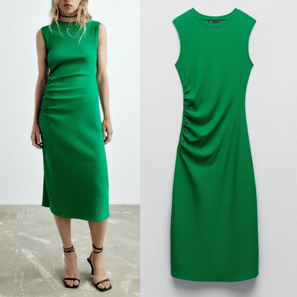 Zara Ribbed Knit Crew Neck Ruched Gathered Midi Dress L Cap Sleeves Kelly Green - Picture 2 of 12